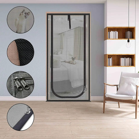 Heavy Duty Pet Screen Door For Door Openings Up To 30 By 80 Inches Cat Proof Mesh With Zipper Closure in a living room setting