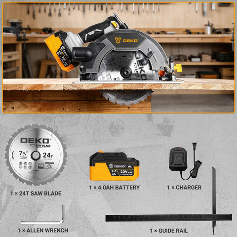 Heavy Duty 20 Volt Cordless Circular Saw Featuring Brushless Motor And 185 Mm Blade 4500 Rpm Speed Built In Led Light Includes 4Ah Battery And Charger For Knockout Performance Cuts Job Site Ready on a workbench with accessories.