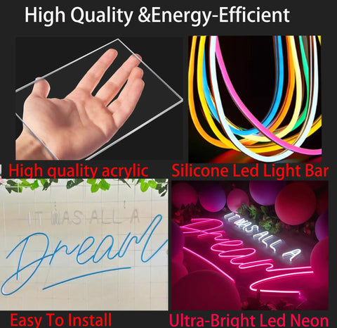 Collage of high quality acrylic, silicone LED bar, It Was All a Dream Neon Sign For Bedroom LED Wall Decor in vibrant glow.
