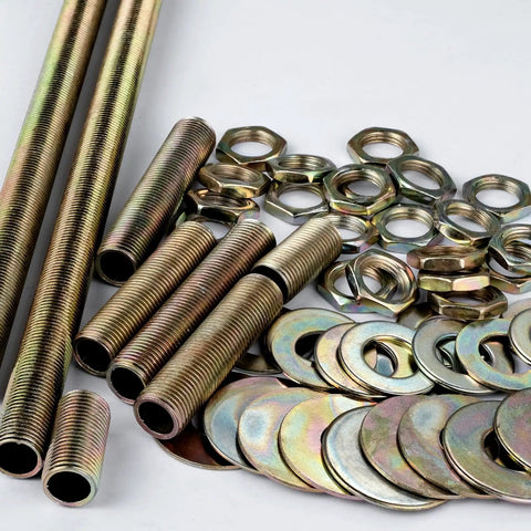 All Thread Lamp Pipe Hardware Set For DIY Lamp Repair With Yellow Zinc Coat; assorted nipples, washers, and lock nuts displayed