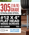 "12 X 4 Inch Type 305 Stainless Deck Screws Flat Head Torx T25 Drive Rust Resistant For Outdoor Decking And Woodwork"