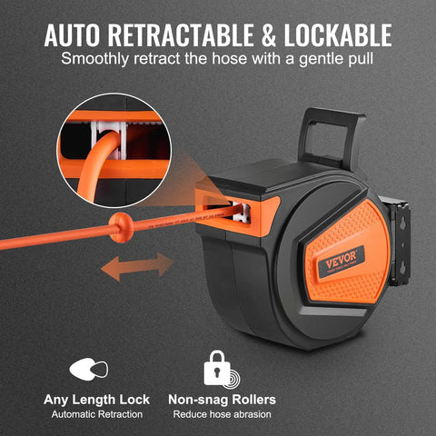 Retractable Air Hose Reel With Three Eighths Inch By Fifty Foot Hybrid Hose Up To 300 PSI For All Your Air Tools, 5 Foot Lead In