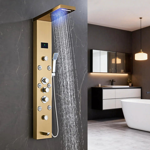 Heavy Duty Led Five In One Shower Panel Tower System With Brushed Gold Finish And Rock Solid 304 Stainless Steel Frame For Quick Hookup And Daily Showers in modern bathroom.