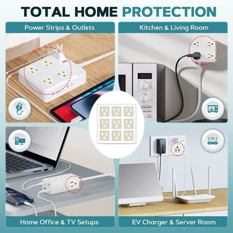Nine Pack Automatic Fire Suppression Stickers For Electrical Outlets And Power Strips Self Adhesive Heat Activated Fire Protection Device With No Power Needed Easy Install Home Safety Gear, showing installation examples in home settings.