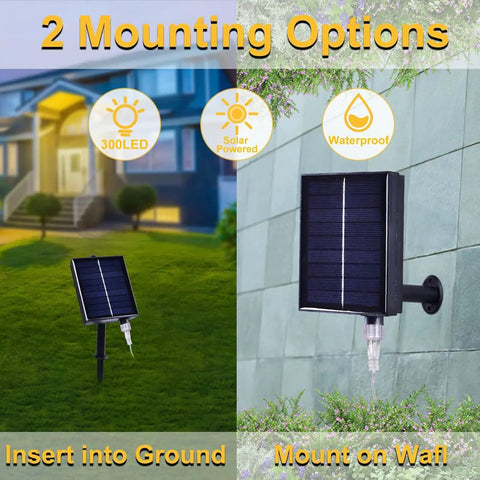 Solar Curtain Lights 300 LED Fairy String Lights With USB and Solar Dual Power shown with ground and wall mounting options