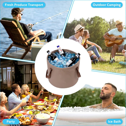 Collage of uses for 360 Pack Reusable Ice Cubes For Camping And Ice Baths; includes party, camping, fishing, and ice bath scenes.