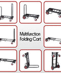 Compact Folding Equipment Dolly Converts Into 8 Handy Carts Heavy Duty Hand Truck shown in various forms and angles.