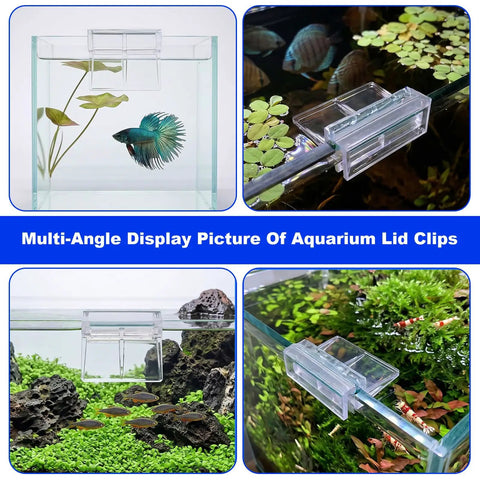 Multi-angle view of Slick Clear Aquarium Lid Clips 16 Piece Set for Rimless Fish Tank Glass Covers securing glass hoods.