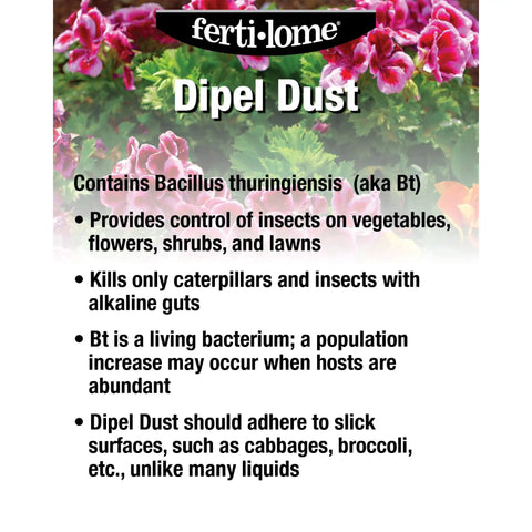 Dipel Dust Biological Insecticide packaging details with instructions for use on veggies, shrubs, lawns, and flowers.