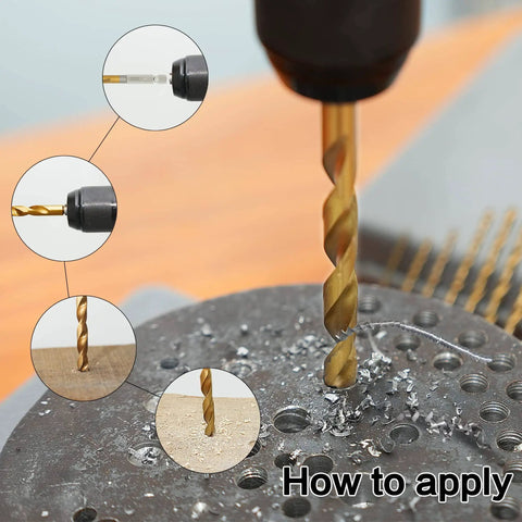 Titanium Coated HSS Twist Drill Bit Set With Hex Shank, 30 Pc, shown drilling into metal and wood, quick change design.