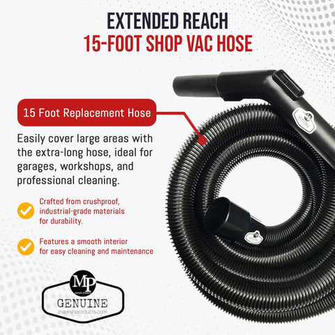 Heavy Duty Vacuum Hose Replacement 15 Foot Crushproof Industrial Grade Extension For Wet Dry Vacuums With One And A Quarter Inch Air Suction Control Connector Black shown in coiled form