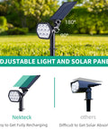 Adjustable Solar Outdoor Lights 10 LED Landscape Spotlights, Two-In-One Wireless Wall Lights, shown with tilt angles in garden setting