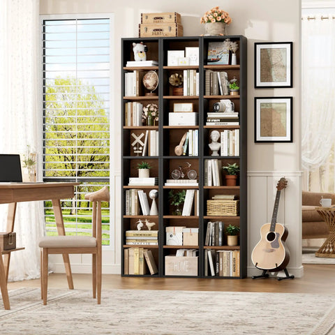 Heavy Duty Eight Tier Narrow Bookshelf With Adjustable Wooden Shelves Sleek Media Tower Rack For DVD And CD Storage Top Shelf Particleboard Design in living room with decor.