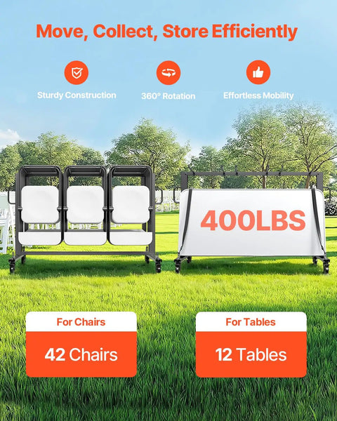 Heavy Duty Folding Chair Rack Cart For Event Spaces Haul 42 Chairs Or 12 Tables With 400 Lb Capacity Mobile Chair Storage Dolly Featuring Rubber Wheels And GrIPS Large Chair Holder Matte Black, shown holding chairs and table outdoors
