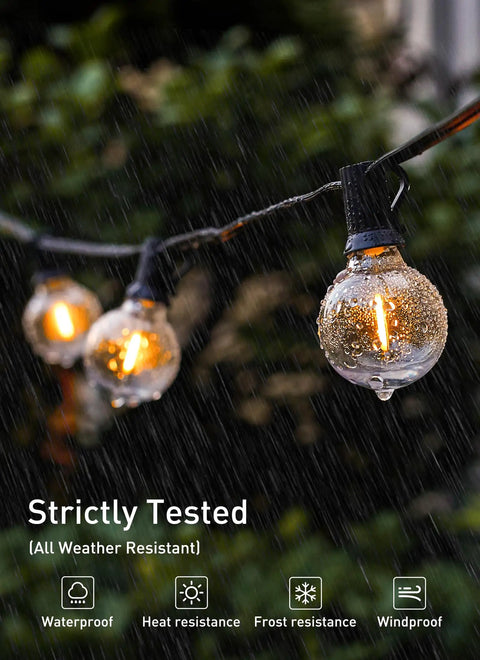 G40 LED Replacement Bulbs 25 Pack, E12 Base, 2200K Warm White, Shatterproof And Waterproof, Dimmable 1.5 Inch Globe Bulbs in rain