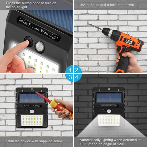 Installation and function guide for Upgraded Solar Motion Sensor Lights Outdoor 30 LED Wireless Waterproof Security Lights