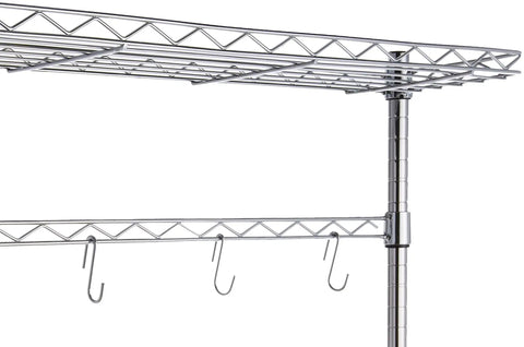 Built Like A Tank Three Tier Baker Rack With Heavy Duty Chrome Steel And Smooth Wood Shelves To Seriously Level Up Your Kitchen Storage Flex While Stowing Cookware Pantry Essentials Plus Handy Hanging Rail And S Hooks, chrome steel frame detail with hanging hooks.