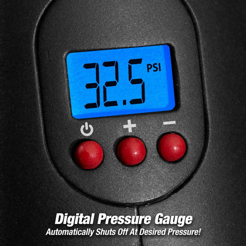 Close-up of digital gauge on Cordless Tire Inflator With Digital Gauge And LED Light, showing PSI reading and control buttons.