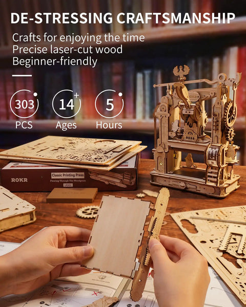 3D Puzzle Kit For Adults Wooden Printing Press Model Building Kit With 303 Pieces, DIY Wood Craft, STEM Hobby Toy, Includes Illustrated Manual, Screwdriver, Spring, And Custom Rubber Stamp Set For Creative Hands On Fun, wooden press assembly