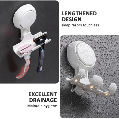 Two Pack Shower Razor Holder With Strong Suction Cup Hooks For Towel Loofah Razor Squeegee Damage Free Wall Mounts Easy To Install And Reuse In White Today showing dual razor storage and water drainage