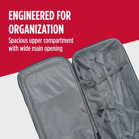 Open rolling duffel bag with split storage showing spacious compartment.