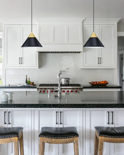 Dope Modern Industrial Gold Pendant Lights 12 Inch Hanging Ceiling Fixtures in a kitchen above a black countertop
