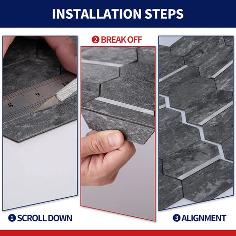 Installation steps for 10 Pack Peel And Stick PVC Tile Sheets For Kitchen Backsplash And Bathroom Vanities Fireplace Decor Easy Install No Mess Durable Eco Friendly Vinyl With Extra Strong Adhesive And Heat Moisture Resistance 13.5 By 11.4 Inches