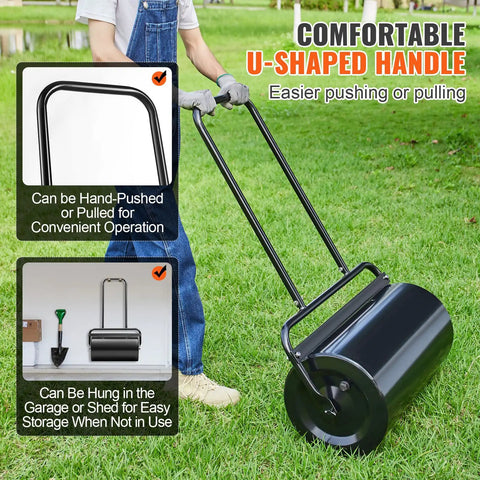 Person using a Large Capacity Lawn Roller 13 Gallon Heavy Duty Steel Sand Or Water Filled with U-Shaped Ergonomic Handle in garden.