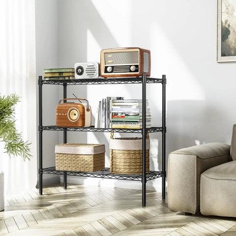Rock Solid Three Tier Heavy Duty Wire Shelving System Featuring Adjustable Metal Storage Rack In Matte Black Finish with books and decor.