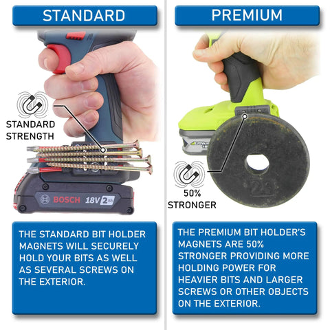 Comparison of standard and premium bit holders, highlighting stronger magnets for holding bits and screws. Bosch drill shown.