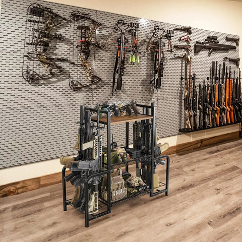 Built Like A Tank Vertical Floor Gun Rack Stores Eight Long Guns And Six Pistols With Rust Resistant Steel Frame in a home setup.