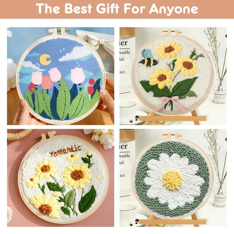 All In One Punch Needle Kit With Wooden Handle Embroidery Tools featuring floral designs in embroidery hoops for beginners