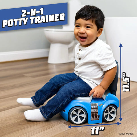 Kickstart Your Toddler Potty Journey With This Snazzy Blue Race Car Seat For Kids Featuring Detachable Lift Out Pot Built In Splash Guard Simple Cleanup and a smiling toddler.