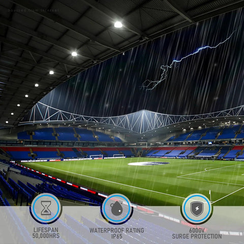 UFO LED High Bay Light With Reflector Beast Brightness 21700 Lumen 150W lighting a stadium under rain and thunder