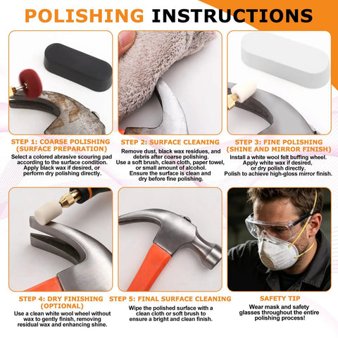 Polishing instructions for All In One Cordless Polishing Kit 145 Piece Set with wool buffing wheels and abrasive pads