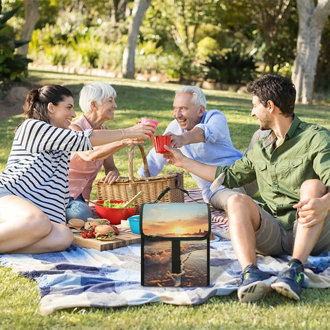 Sunset View Beach Lunch Box Insulated Leak Proof Tote used during a picnic with family outdoors, showcasing large capacity for picnics.