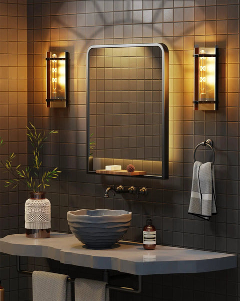 Bathroom with industrial wall sconces set of two with walnut wood and black metal vintage rustic lantern style wall lighting fixtures E26 base 2700K bulbs perfect for cozy vibes in bedroom living room dining room foyers and hallways