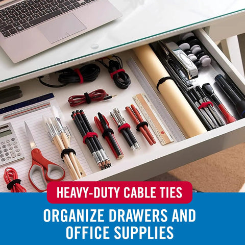 These Super Tough Heavy Duty Reusable Hook Loop Cable Ties Make Organizing Wires A Breeze And Beat Zip Ties Every Time Perfect For Data Centers Electronics And Appliances Eight By Half Inch White Pack Of Sixty organizing office supplies in drawer.