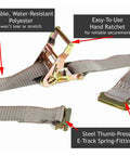 Heavy Duty Trailer Tie Down Kit featuring a ratchet strap with E-track spring-fittings and durable, water-resistant polyester material