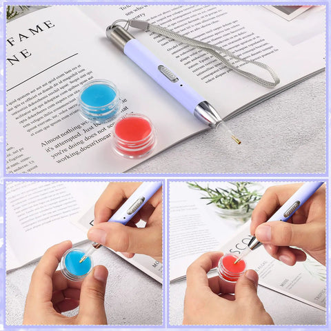 Diamond Painting Pen Kit With Light, Dual LED Drill Pens For Precision Crafting, wax clay cases and purple pen in use