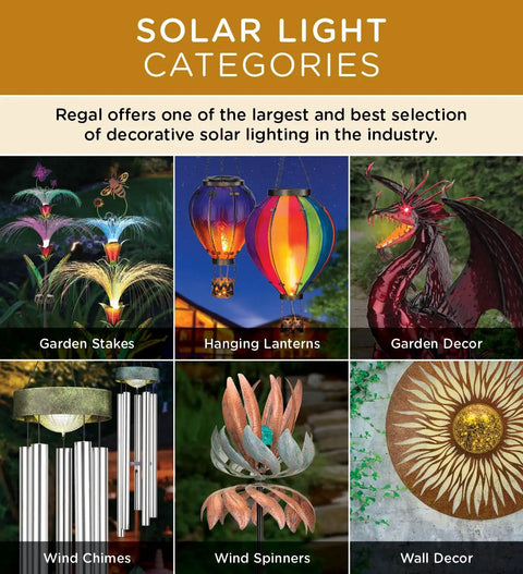 Solar light categories display with garden stakes, hanging lanterns, garden decor, wind chimes, wind spinners, and wall decor.