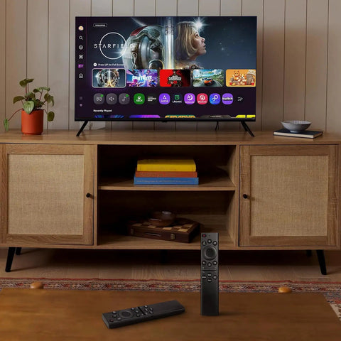 Universal Smart TV Remote Control For All LED LCD QLED UHD SUHD HDR Frame Curved 4K 8K 3D Replacement on a table