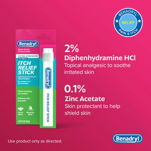 Benadryl Extra Strength Itch Relief Stick packaging with 2% diphenhydramine HCl, text highlights benefits, 0.47 ounces.