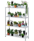 Beefy 4 Tier Metal Shelf Unit With Adjustable Shelves And Feet, Heavy Duty Storage Rack holding potted plants, silver gray finish