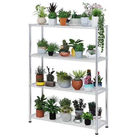 Beefy 4 Tier Metal Shelf Unit With Adjustable Shelves And Feet, Heavy Duty Storage Rack holding potted plants, silver gray finish