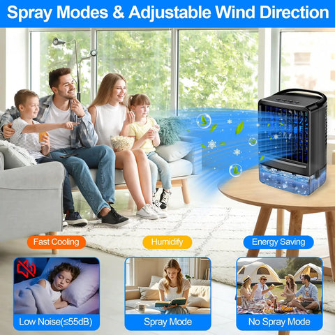 Family in living room next to Ultimate Portable Air Conditioner Mini Personal AC For Desk And Bedroom, 3 Speed Evaporative Cooler