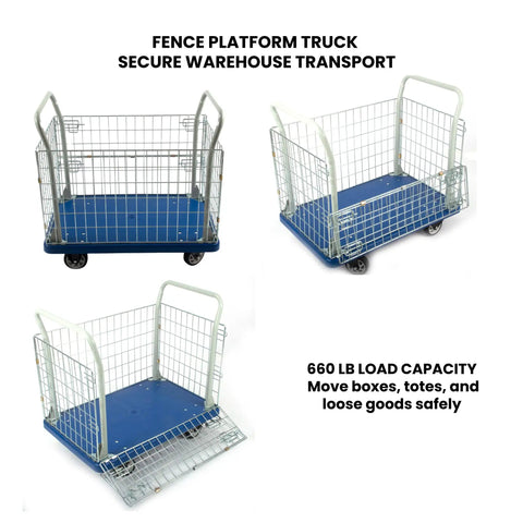 Heavy Duty Platform Truck Cart With Three Sided Steel Fence And 660 Pound Capacity Measures 23 By 35 Inches in warehouse setting.