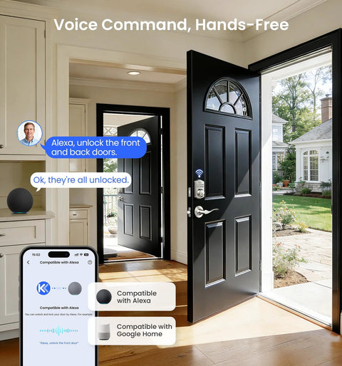 Smooth Operator WiFi Deadbolt Door Lock With Handle Set Keypad Entry Satin Nickel Finish installed in an open door with voice command interface.