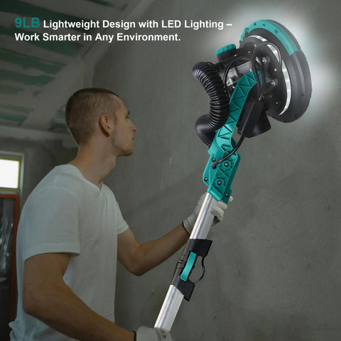 Electric Drywall Sander Kit With Integrated Vacuum Dust Collector And Telescoping Pole Sander Attachment in use, featuring LED light.