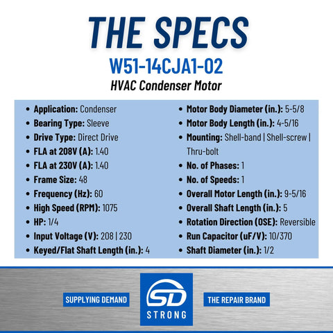 HVAC Condenser Motor One Quarter HP 1 Phase 1075 RPM 208 To 230 Volt Replacement specs chart.